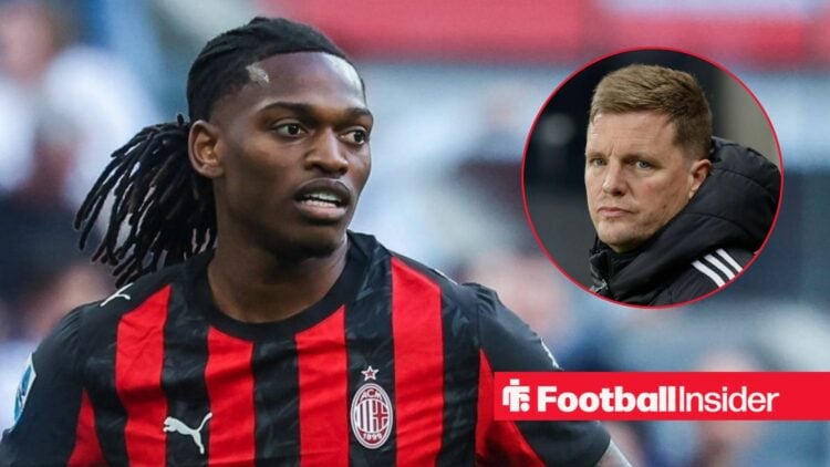 Rafael Leao in action for AC Milan, with Eddie Howe in a circular inset