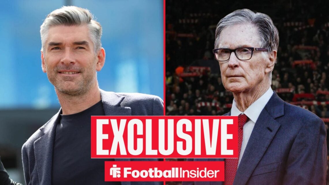 Football Insider exclusive as Liverpool sporting director Richard Hughes looks across a split image towards owner John Henry, who looks stern.