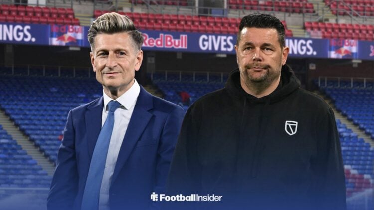 Crystal Palace chairman Steve Parish stands next to Lens manager Pierre Sage and smiles.