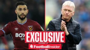 Football Insider exclusive as West Ham striker Taty Castellanos is in action during a game, while Everton manager David Moyes applauds on the other side of a split image.