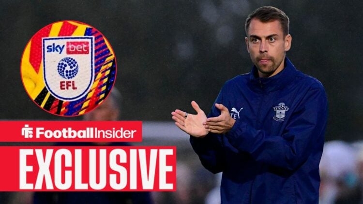 Football Insider exclusive as Southampton manager Tonda Eckert applauds, while the EFL badge features in a circular inset.