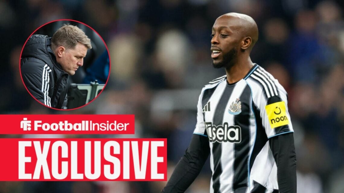 Football Insider exclusive as Newcastle striker Yoane Wissa is in action during a game, while manager Eddie Howe stares at the floor in a circular ...