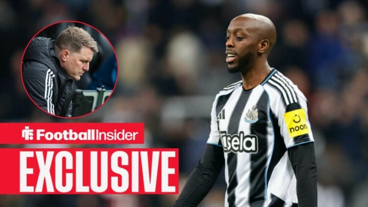 Football Insider exclusive as Newcastle striker Yoane Wissa is in action during a game, while manager Eddie Howe stares at the floor in a circular ...